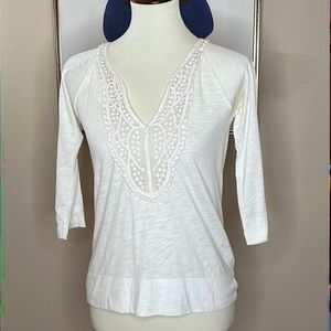 JCrew crocheted lace neckline tshirt with 3/4 sleeves